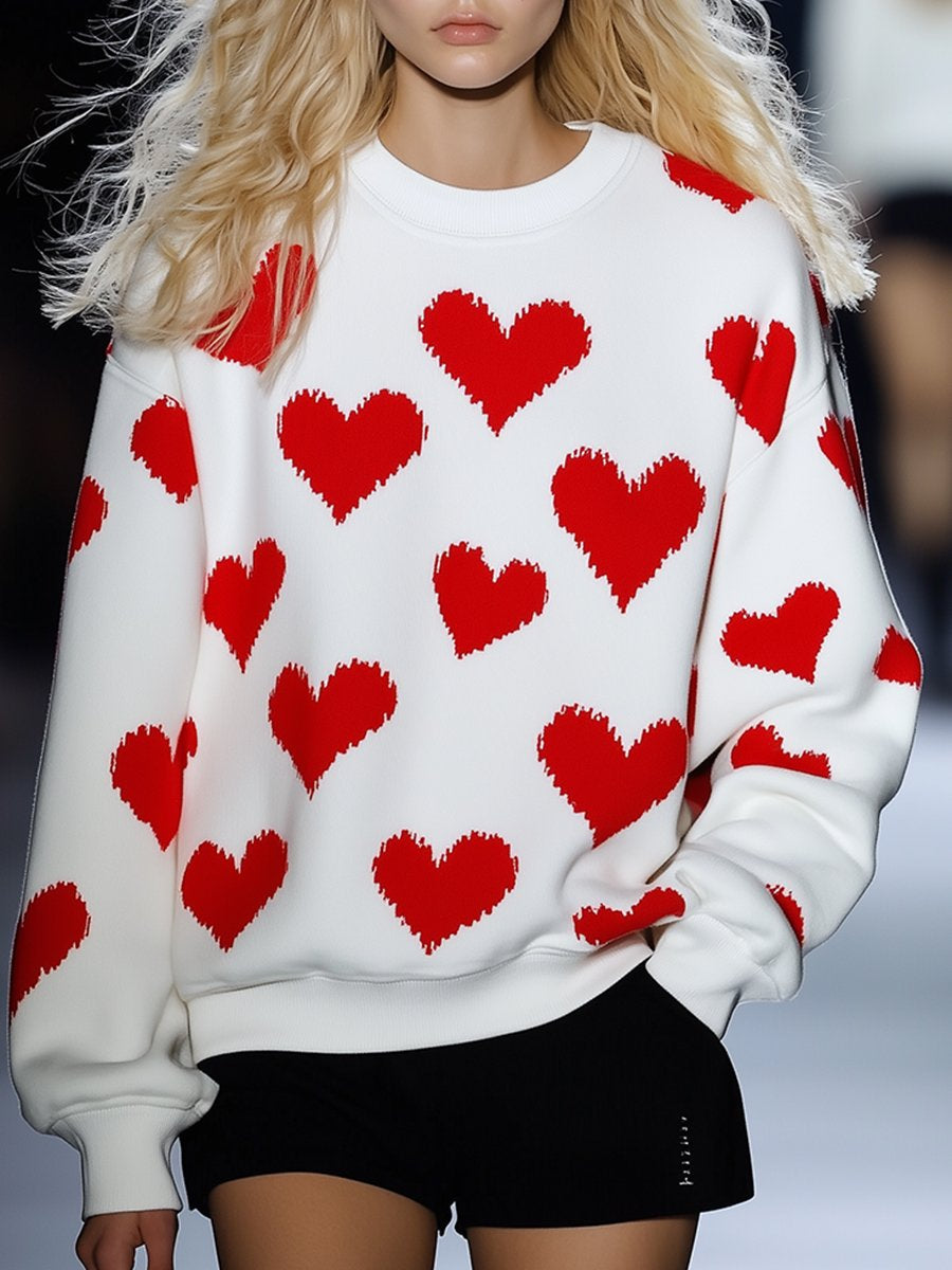 Casual Loose Fashion Love Heart White Sweatshirt