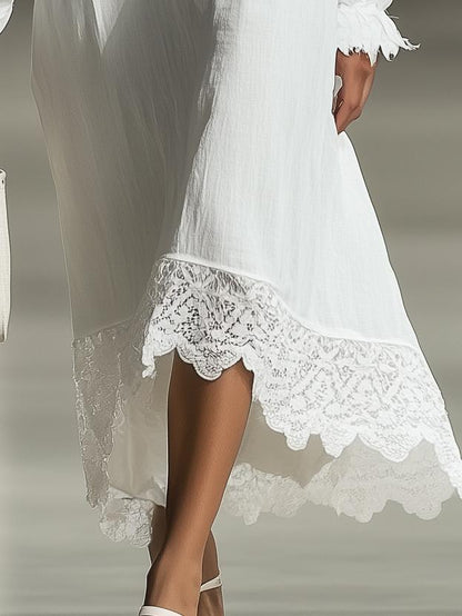 Elegant Classic Lace Trim Long Sleeve Maxi Dress