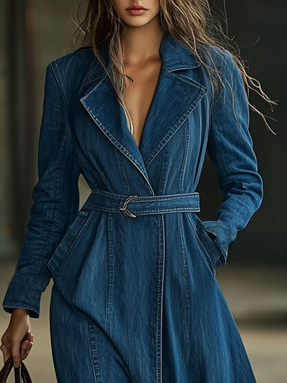 Casual Retro Lapel Waist Denim Long Sleeve Dress Style Trench Coat