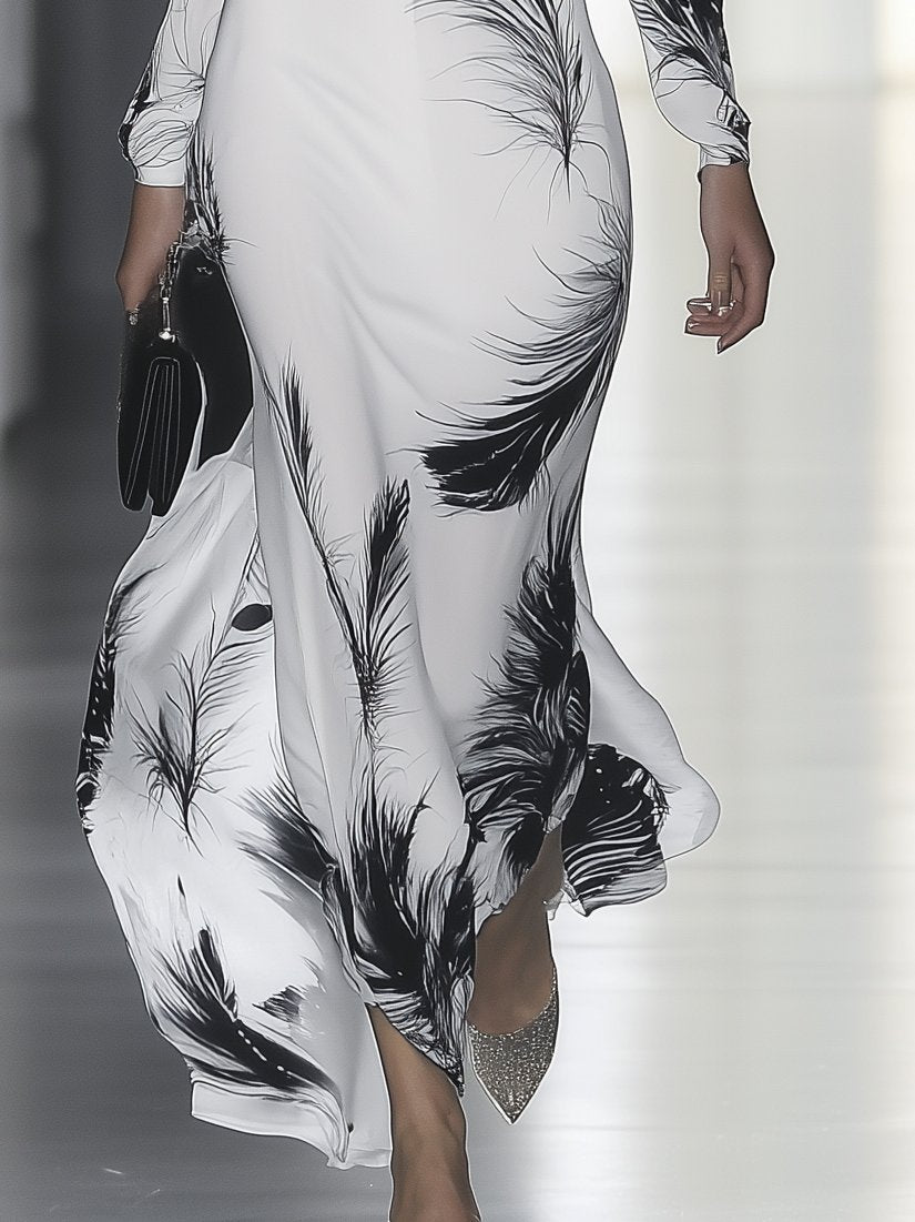 Pure Feather Printed White Chiffon Long Sleeve Maxi Dress