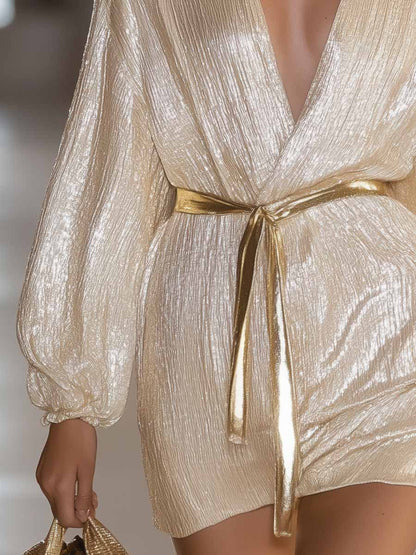 Easy V-neck Light Gold Glitter Textured Robe Mini Dress