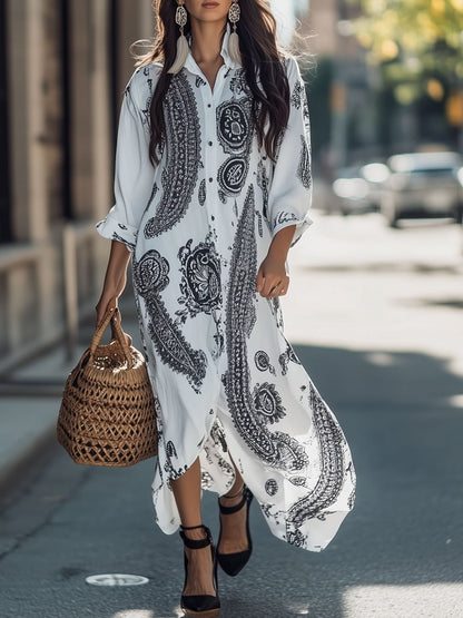 Loose Holiday Cotton and Linen Cashew Flower Print Long Sleeve Shirt Maxi Dress