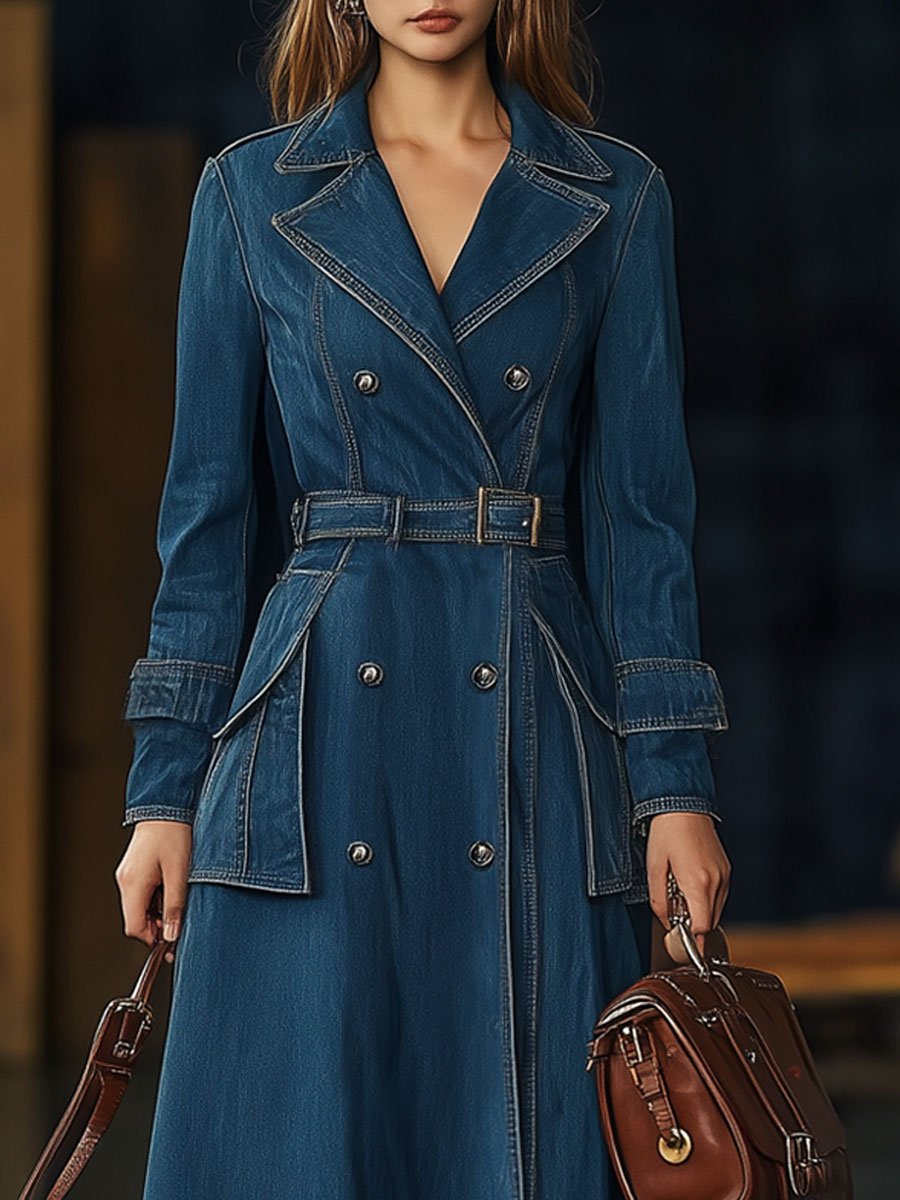 Casual Vintage Double Breasted Pocket Belted Dress Style Denim Trench Coat