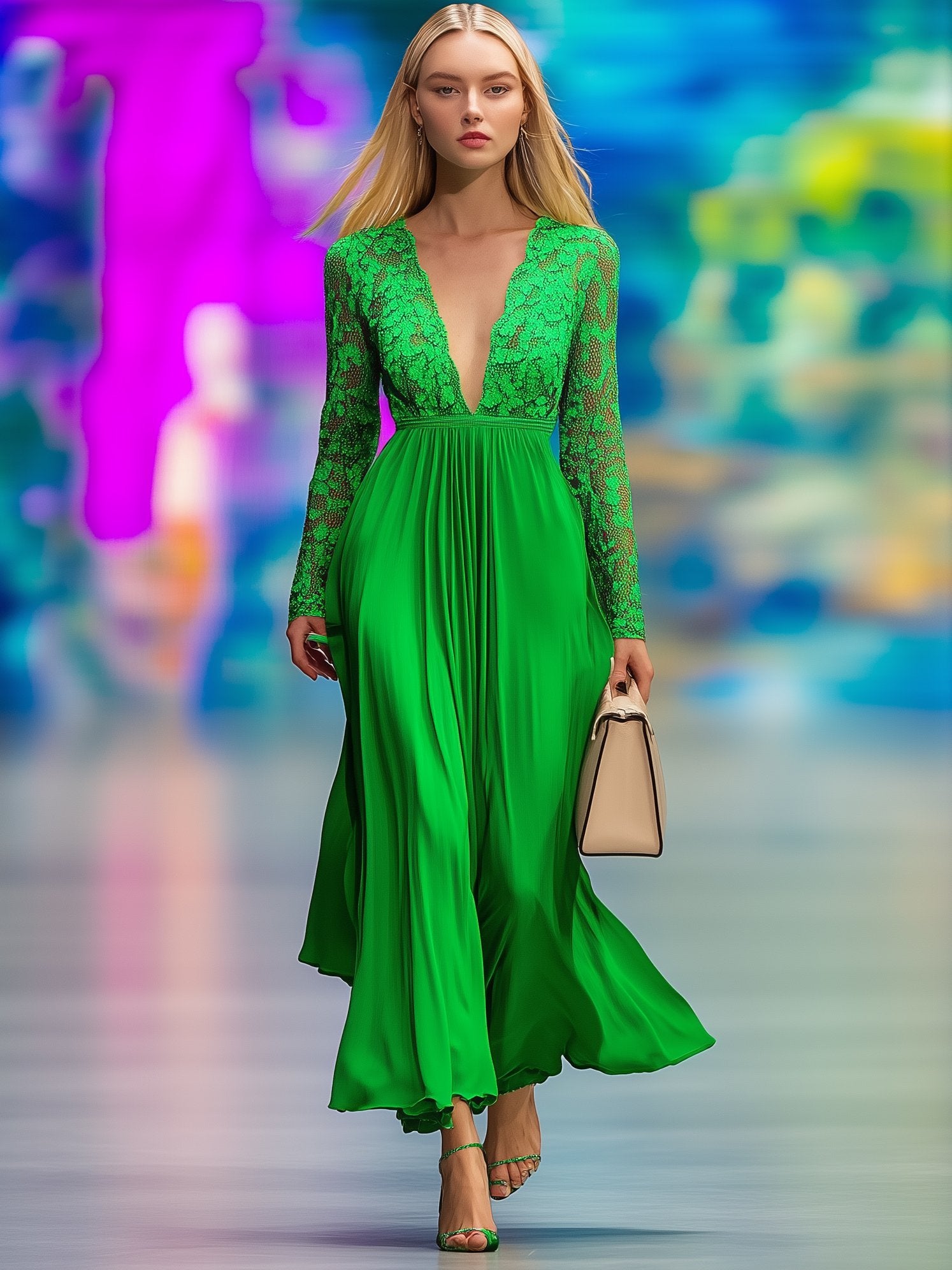 Temperament Lace Stitching Green Long-Sleeved Maxi Dress