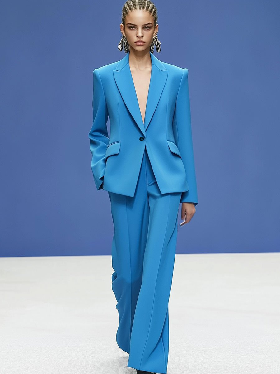 Casual Loose Retro Blue Suit Wide-Leg Pants Set