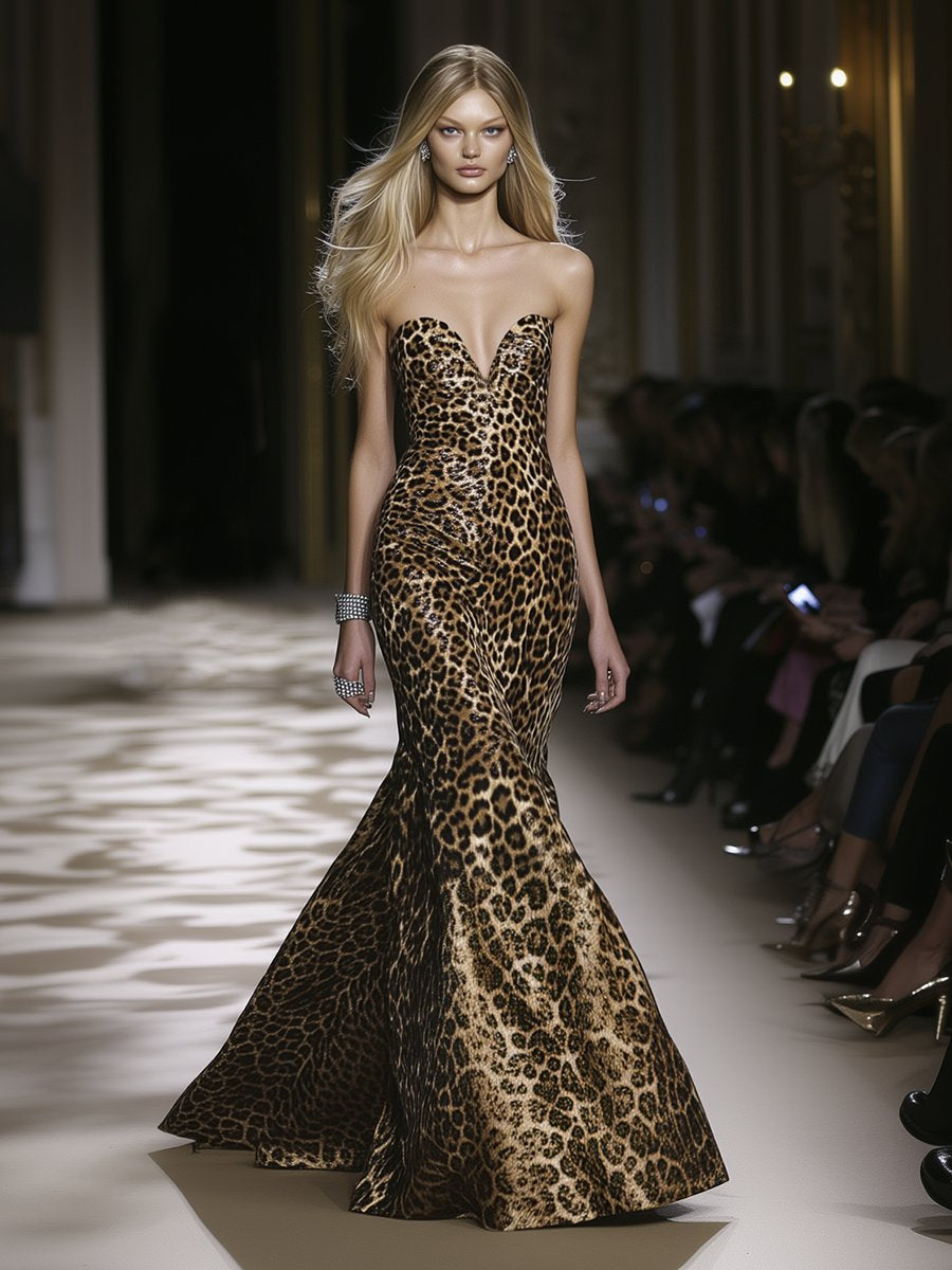 Sexy and Stylish Leopard Print Bandeau Fishtail Maxi Dress