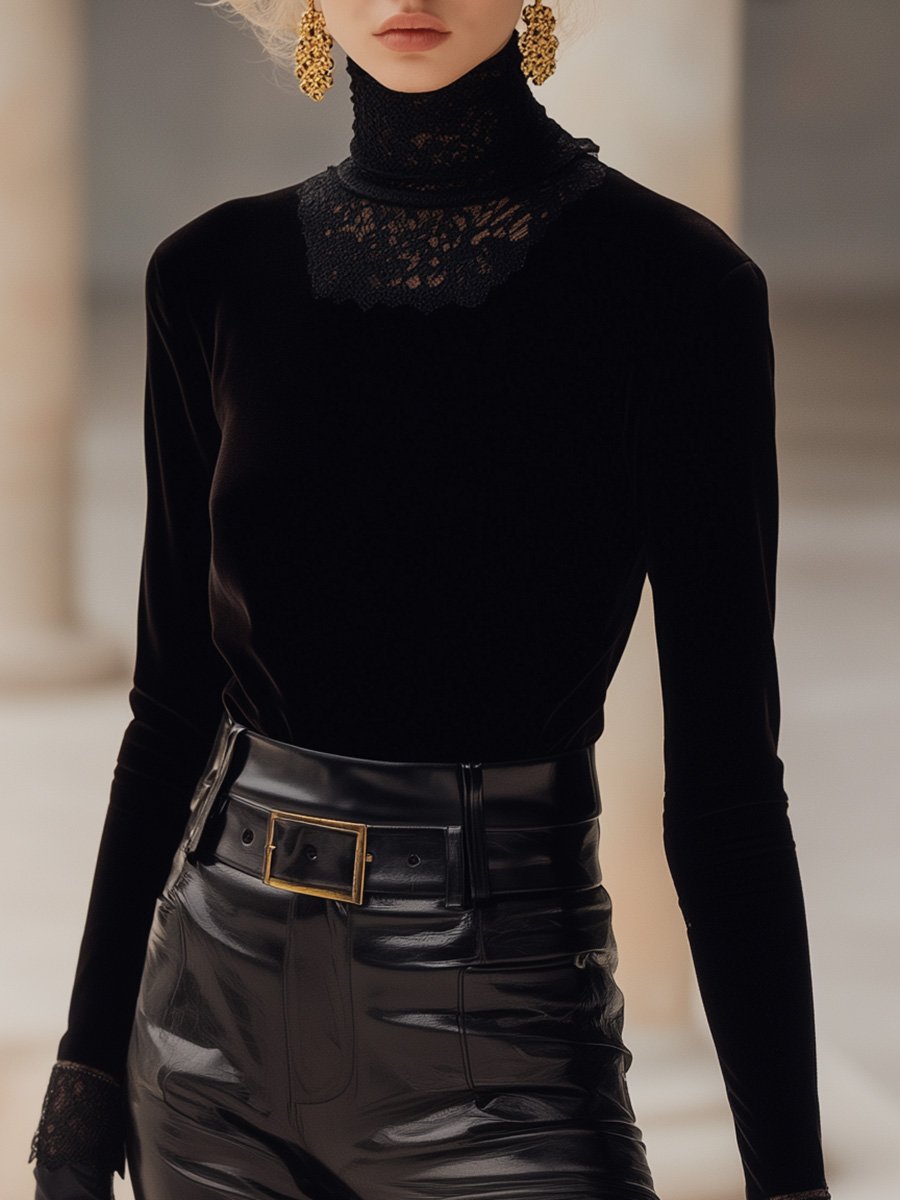 Chic and Elegant High-neck Lace Stitching Black Velvet Bottoming Shirt