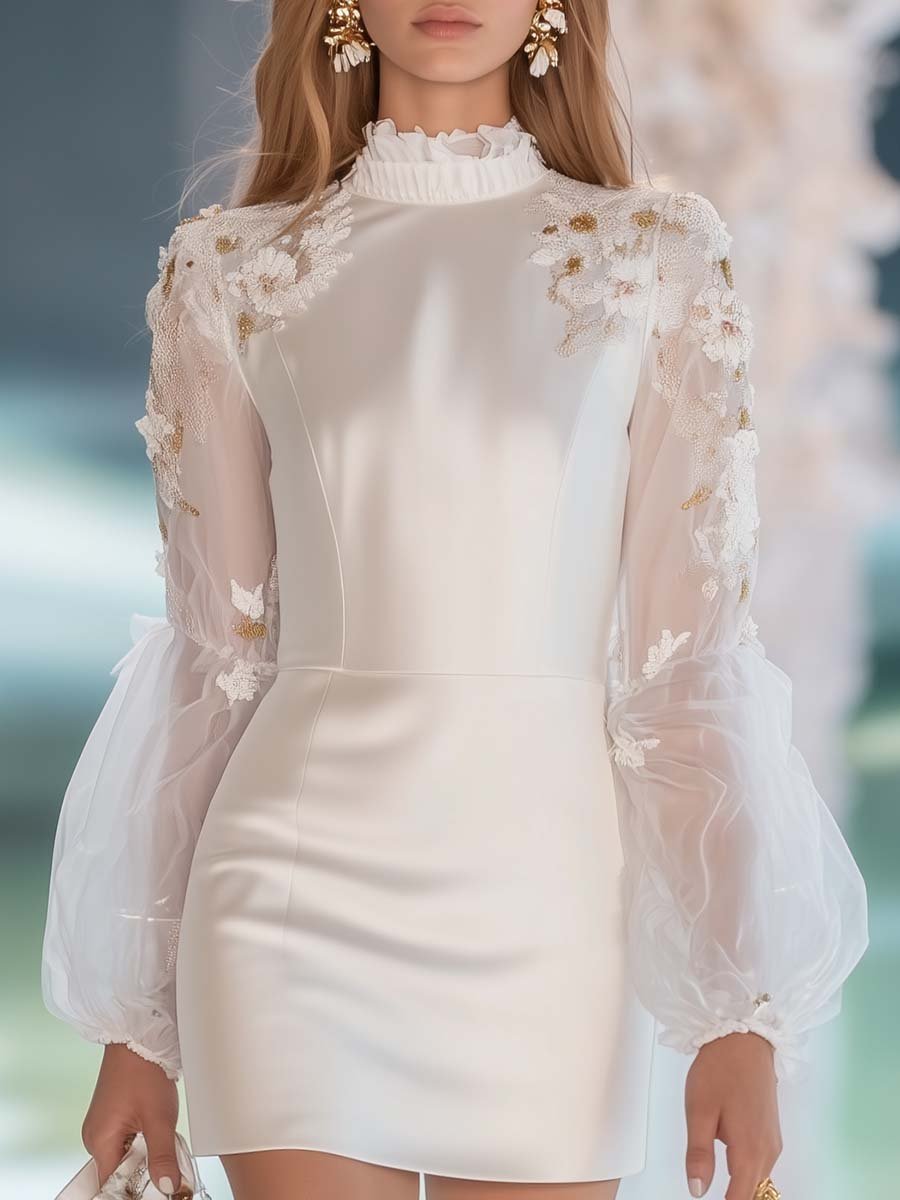 Elegant Half Turtleneck Mesh Sleeves Floral Embroidery Mini Dress