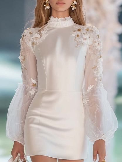 Elegant Half Turtleneck Mesh Sleeves Floral Embroidery Mini Dress