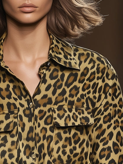 Lazy Fashion Leopard Print Long Sleeve Lapel Suede Shirt