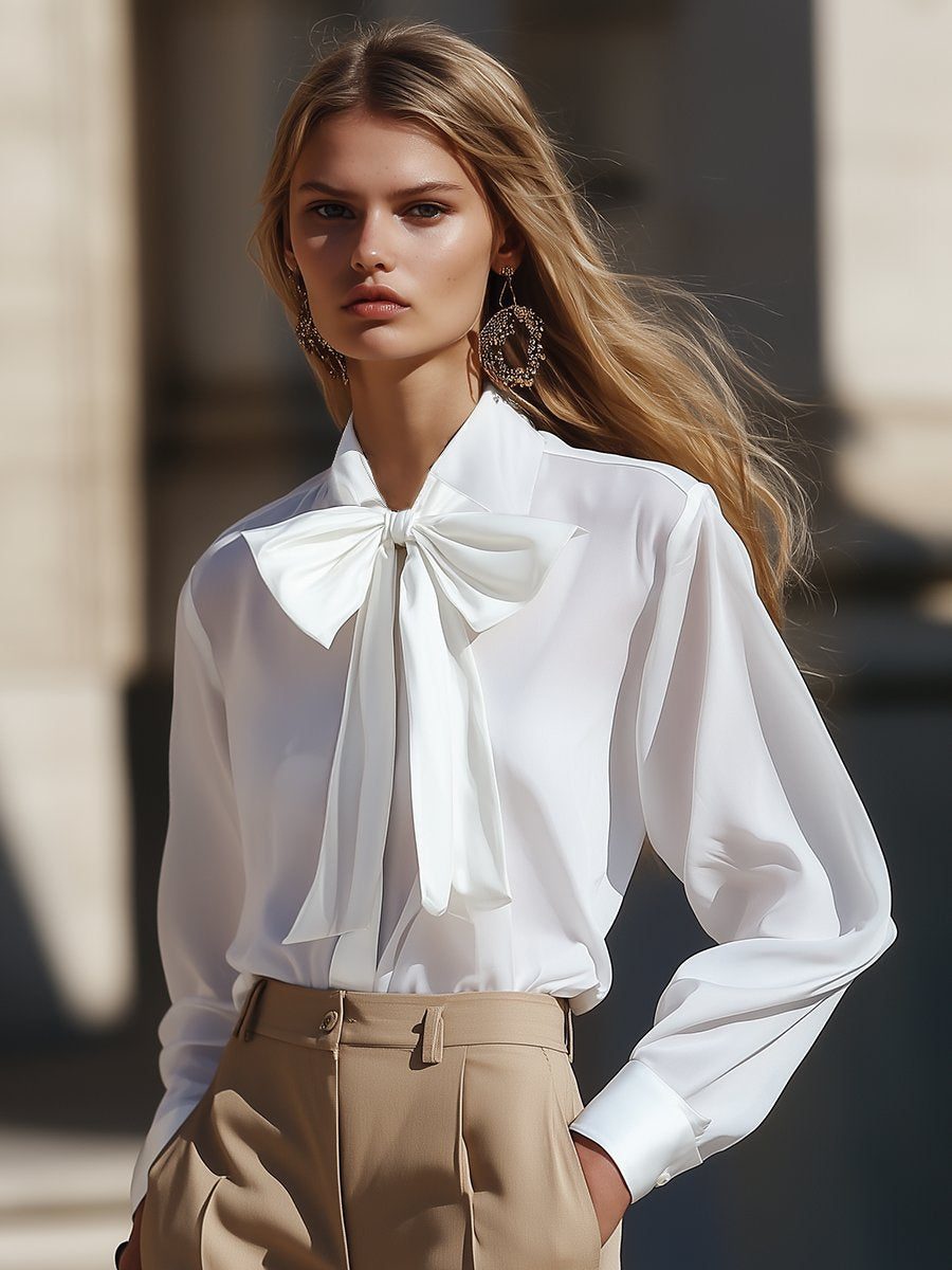 Elegant And Flowing Bow Tie White Chiffon Shirt