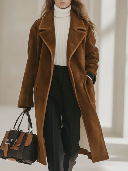 Casual Loose Vintage Caramel Lapel Pocket Mid-Length Suede Coat