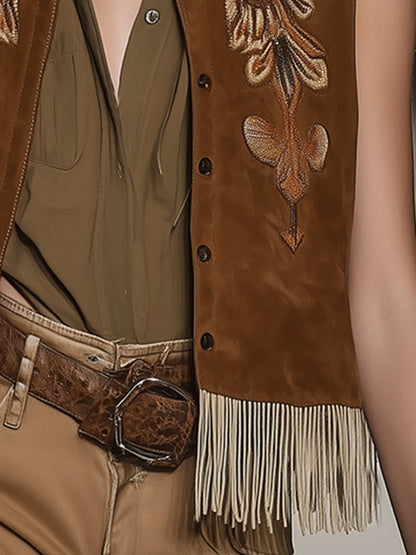 Retro And Fashionable Western Style Embroidered Tassel Suede Vest