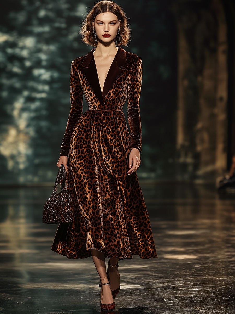 【24-hour shipping】Lapel Fashion Party Leopard Print Velvet Long Sleeve Midi Dress