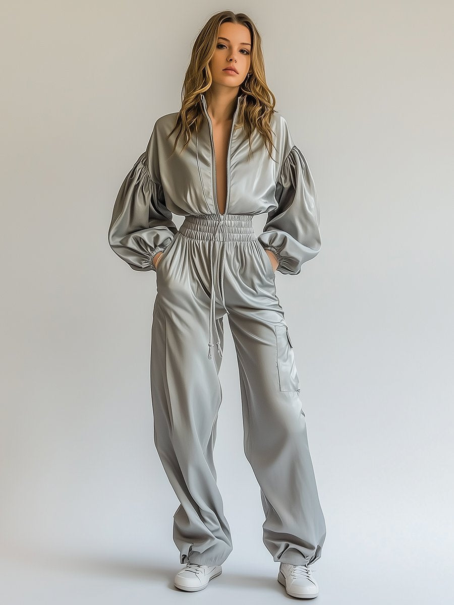 Elegant and Fashionable Zipper Luxury Satin Grey Puff Sleeve Jumpsuit