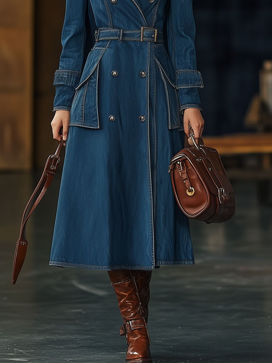 Casual Vintage Double Breasted Pocket Belted Dress Style Denim Trench Coat