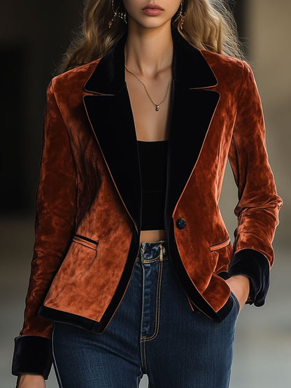 Casual Loose Vintage Velvet Contrast Lapel Pocket Blazer