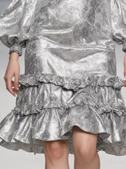 Fashionable and Elegant Puff Sleeve Ruffled Skirt Silver Jacquard Mini Dress