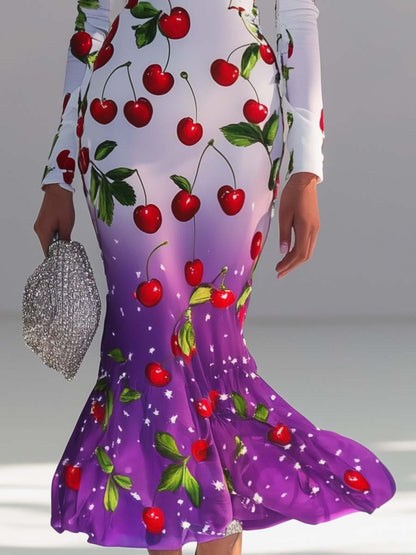 Elegant V-neck Cherry Print Fishtail White and Purple Gradient Midi Dress