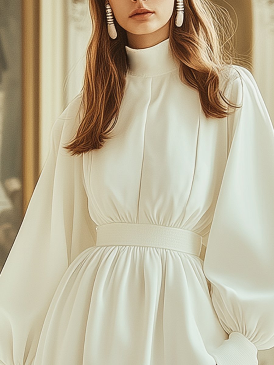 Fashionable Loose White High Collar Long Puff Sleeve Mini Dress