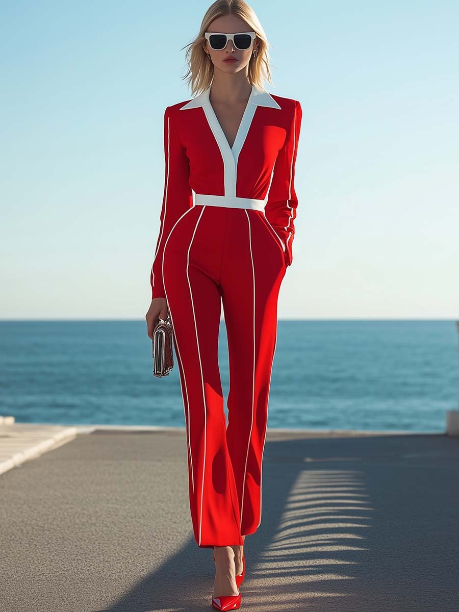 Fashionable Personality Contrast Color V-neck White Trim Red Jumpsuit