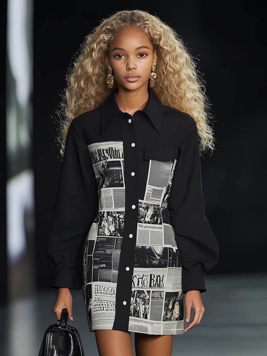 Fashion Deconstruction Black and White Newspaper Print Shirt-style Mini Dress