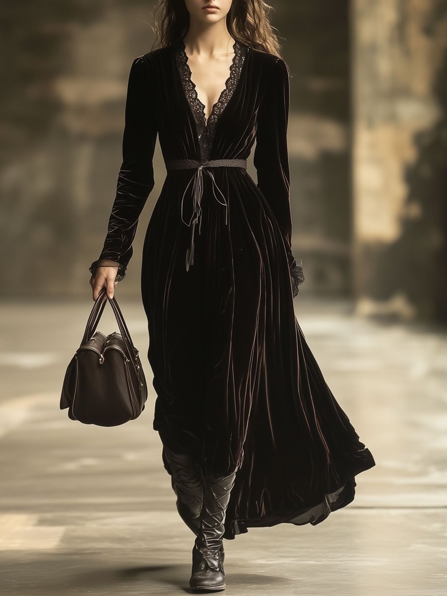 【24-hour shipping】V-Neck Lace Panel Solid Velvet Long-Sleeved Maxi Dress