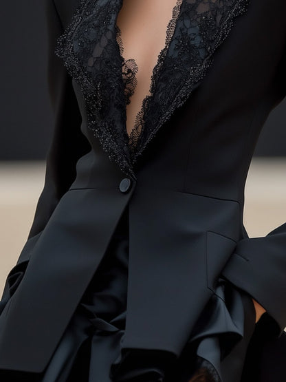 Elegant and Textured Lapel Stitching Lace Black Waist Blazer