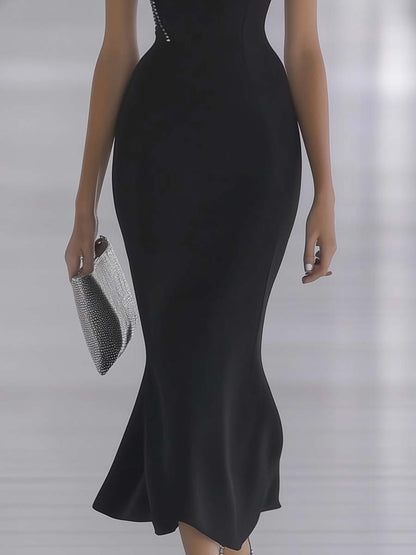 Elegant and Fashionable One-shoulder Fishtail Black Midi Dress