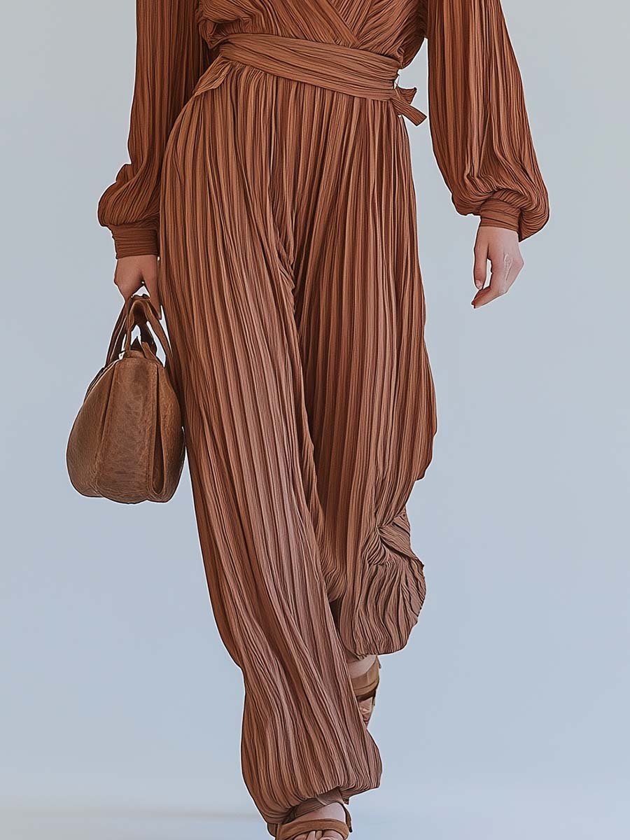 Casual Fashion V-neck Brown Striped Pleated Jumpsuit