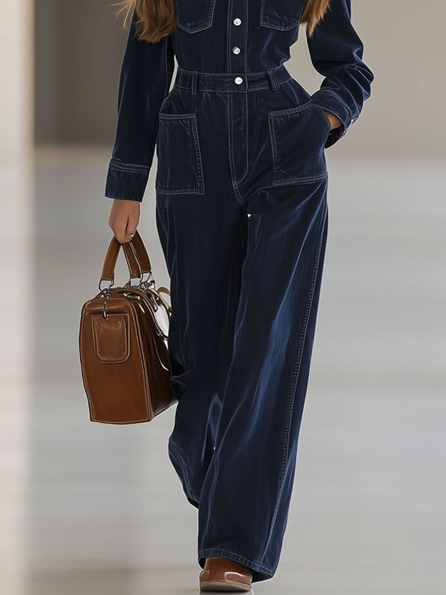 Casual Loose Retro Navy Blue Denim Multi-Pocket Long-Sleeved Jumpsuit