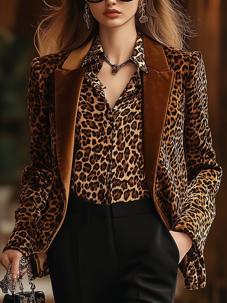 Casual Loose Vintage Velvet Leopard Print Solid Lapel Blazer