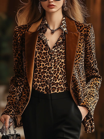 Casual Loose Vintage Velvet Leopard Print Solid Lapel Blazer