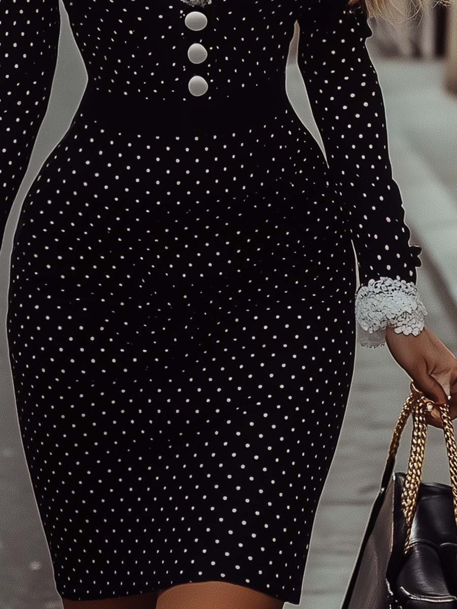 Elegant and Gentle V-neck Lace Decorated Small Polka Dot Midi Dress