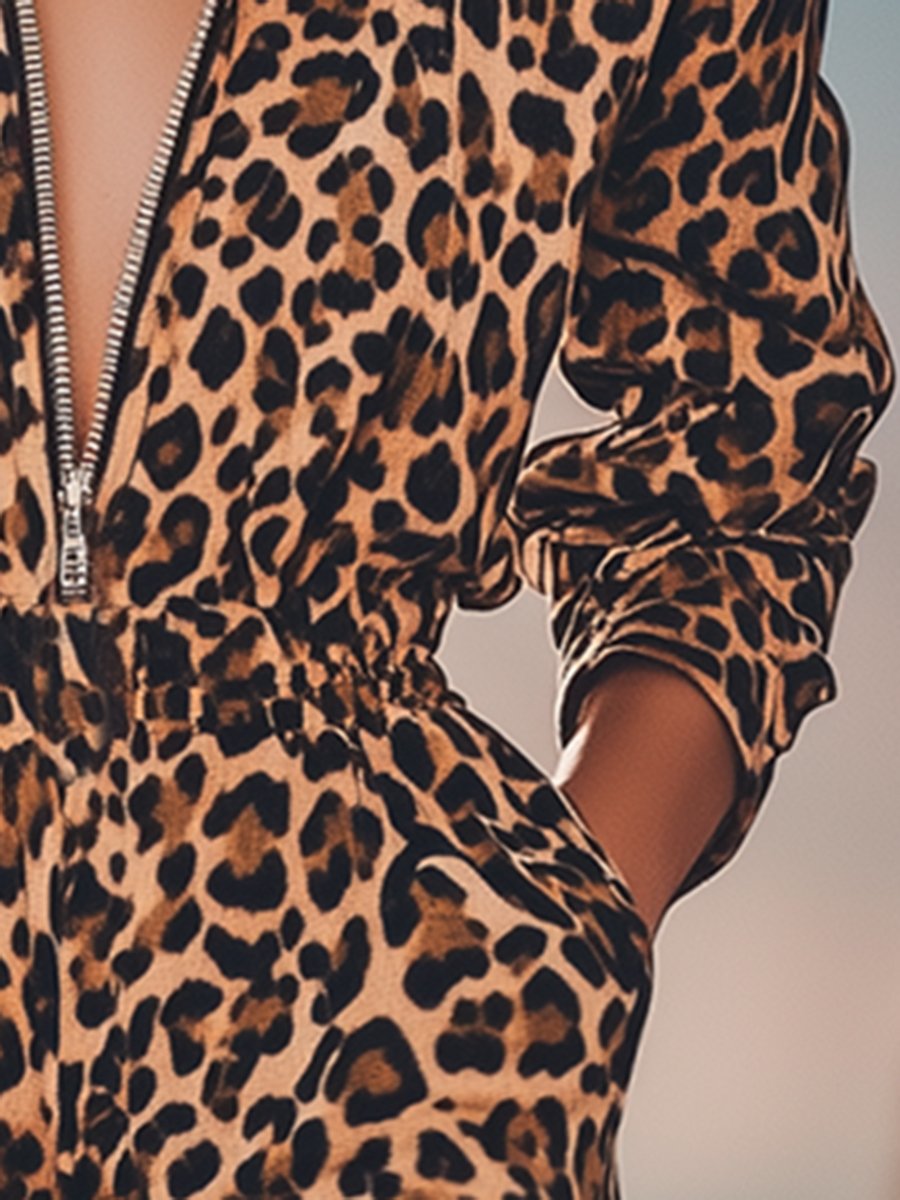 Retro And Fashionable Wild Leopard Print Hooded Short Jumpsuit