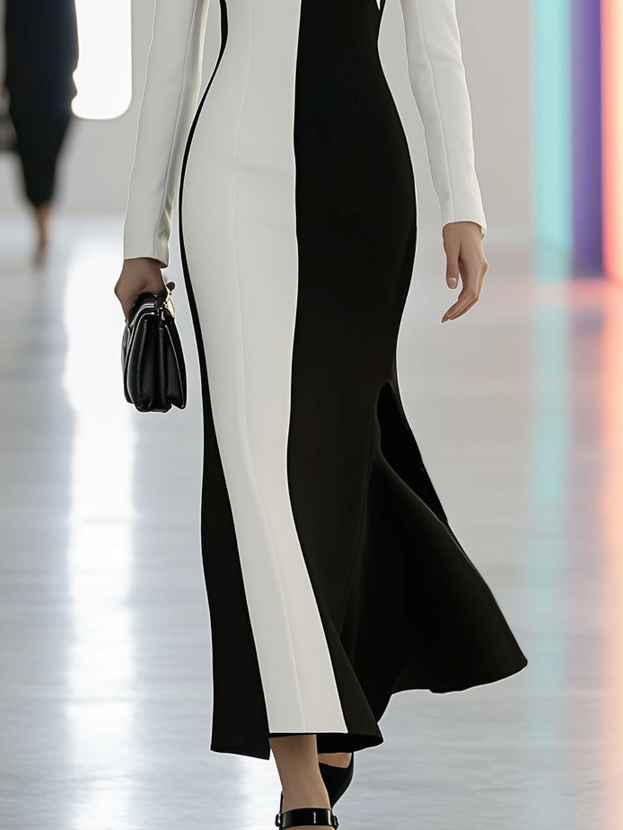 Fashion Retro Contrast Color Stitching Long Sleeve Maxi Dress