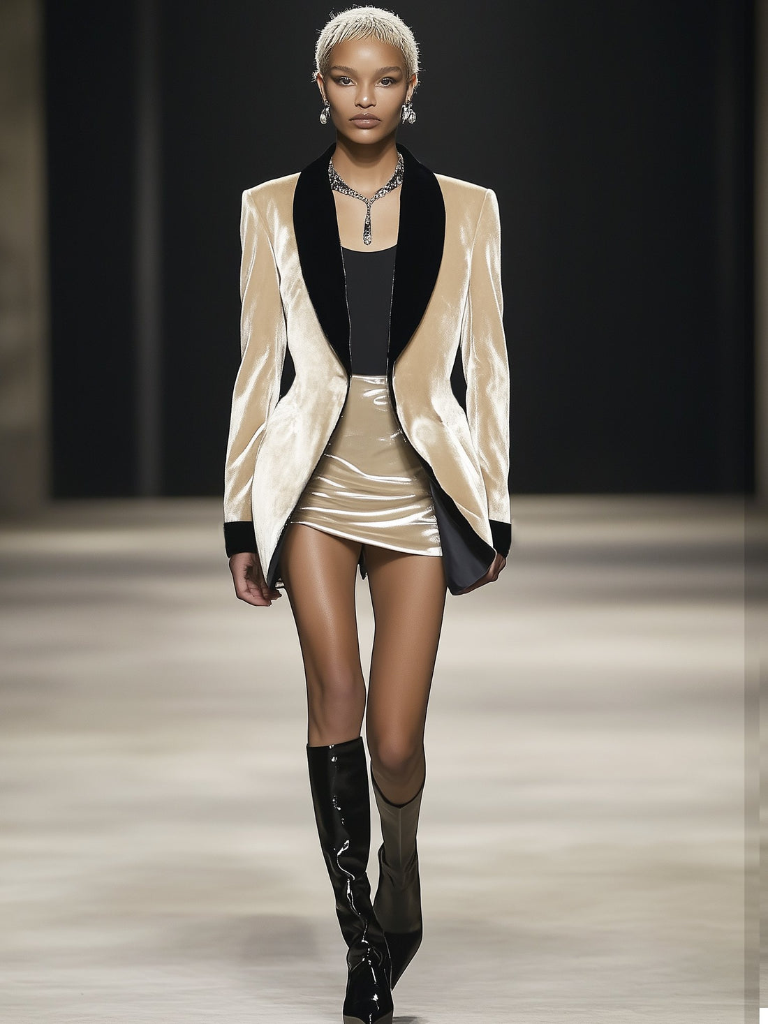 Elegant Colorblock Velvet Beige Long-Sleeved Blazer