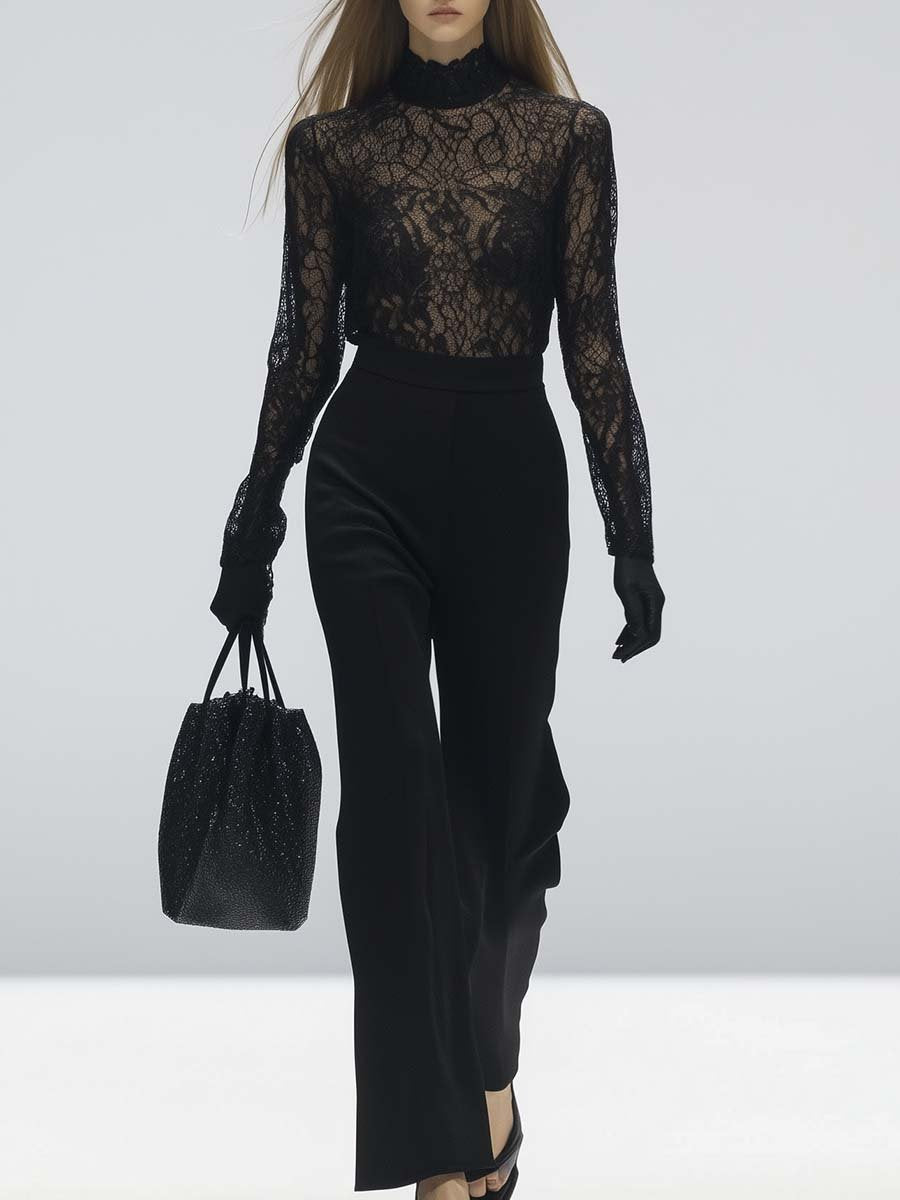 Elegant Commuter High Collar Black Lace Jumpsuit