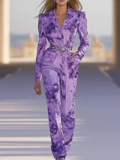 Elegant and Fashionable Retro Purple Lapel Print Long-sleeved Jumpsuit