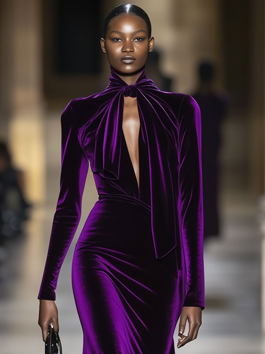 Fashion Retro Purple Velvet Collar Tie Slit Long Sleeve Maxi Dress