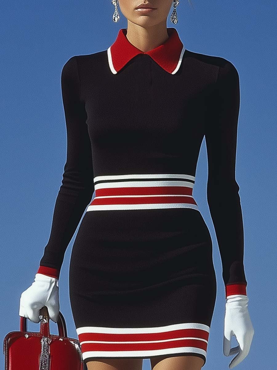 Classic Polo Collar Red and White Contrast Black Mini Dress