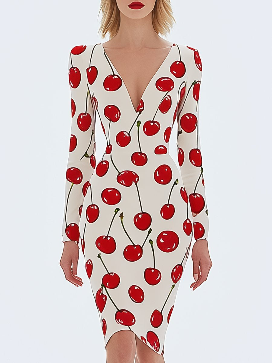 Elegant and Fashionable Cherry Printed V-neck White Satin Midi Dress