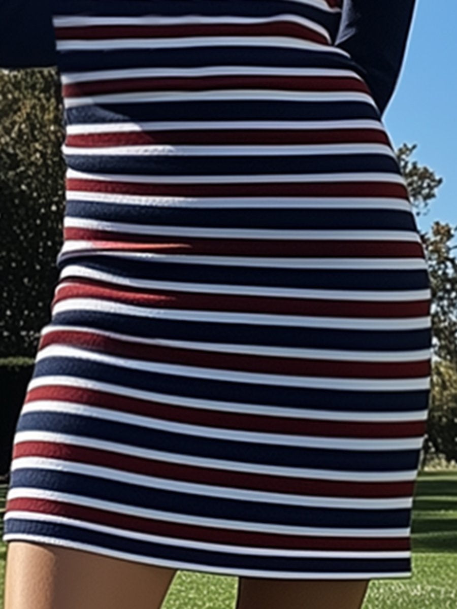 Casual And Fashionable Sports Style Red And Blue Striped Polo Mini Dress