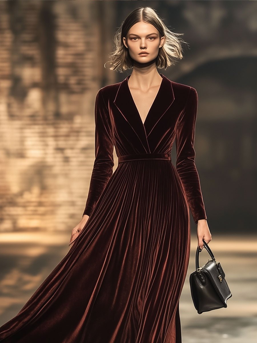 Fashion Party Lapel Solid Color Velvet Long Sleeve Trench Coat Maxi Dress