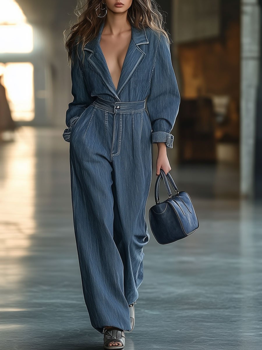 Casual Loose Solid Color Lapel Pocket Long Sleeve Denim Jumpsuit