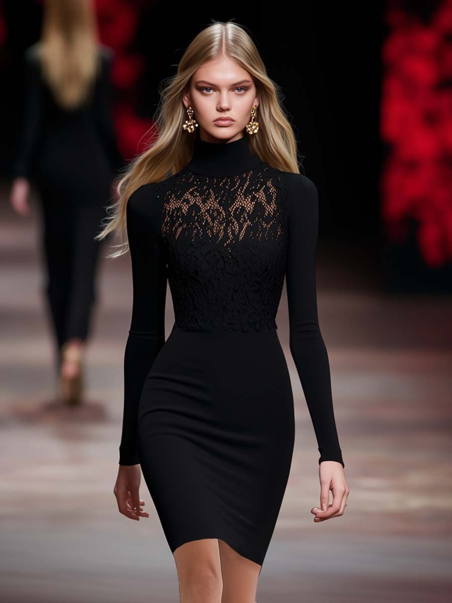 Elegant High Collar Slim Fit Lace Stitching Black Mini Dress