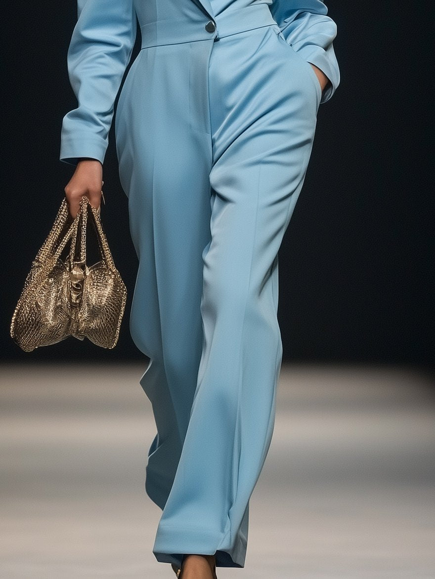 Elegant Lapel Light Blue Long Sleeve Jumpsuit