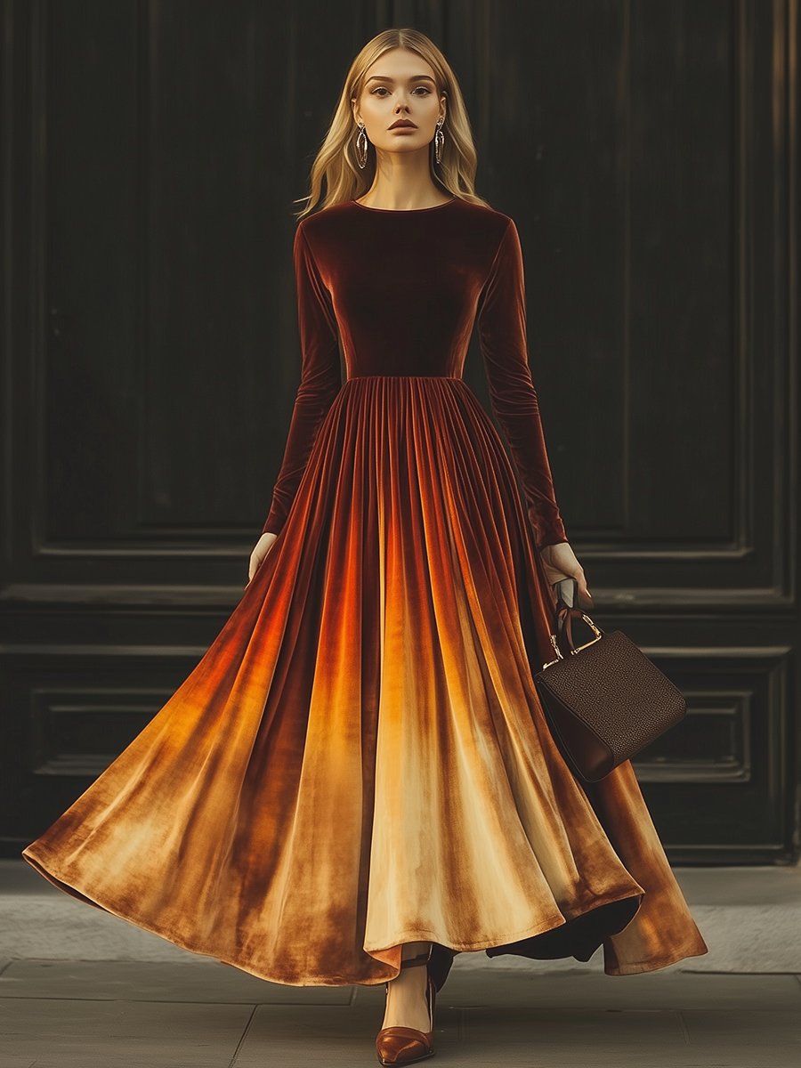 High-End Fashionable Temperament Brown Gradient Velvet Maxi Dress