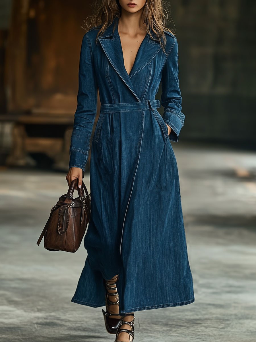 Casual Retro Pocket Denim Long Sleeve Maxi Dress Style Trench Coat