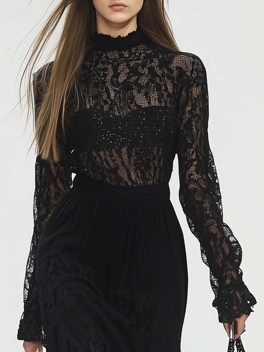 Elegant and Unique High Collar Black Lace Jumpsuit with A Lace Skirt